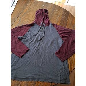 XL Distortion Maroon Grey Long Sleeve 3 Buttin Pullover Hooded Shirt Top Hoodie